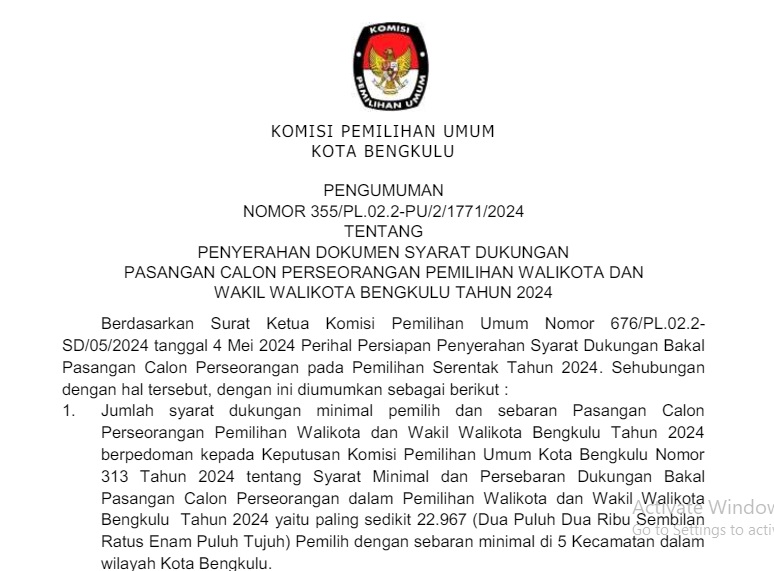 KPU Kota Bengkulu Umumkan Persyaratan Dukungan untuk Calon Perseorangan dalam Pemilihan Walikota 2024