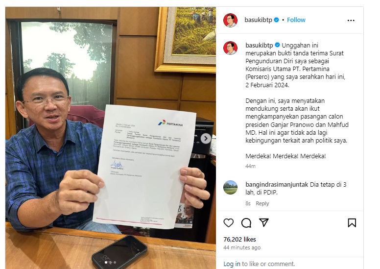 Ahok Mengundurkan Diri dari Pertamina Demi  Bisa Kampanye untuk Ganjar-Mahfud di Pilpres 2024