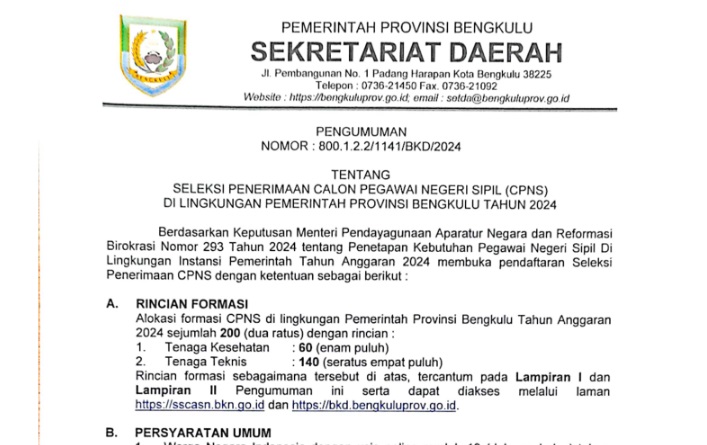 Pendaftaran CPNS 2024 Pemprov Bengkulu Dibuka: Cek Syarat, Formasi dan Jadwal Seleksi